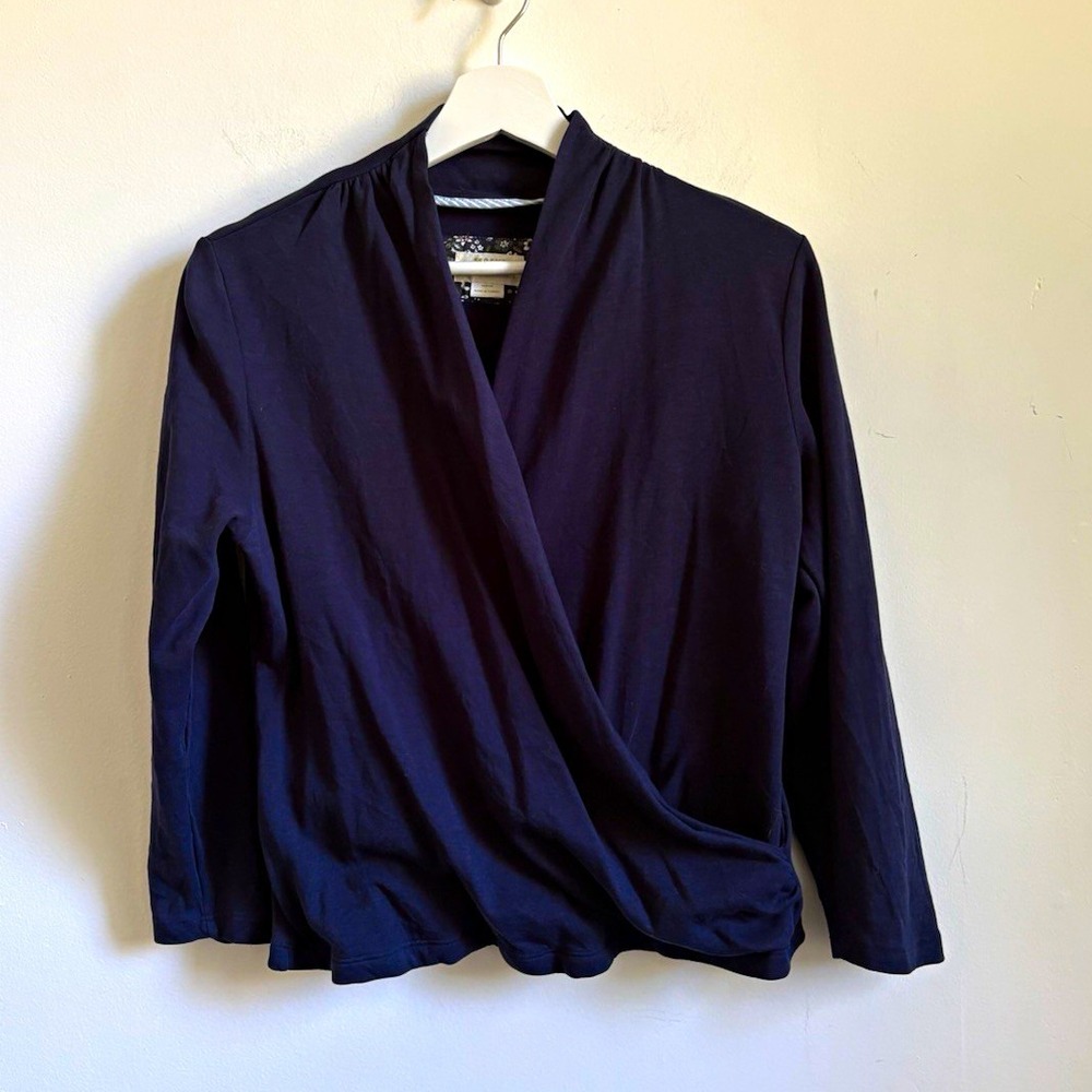Maeve Navy Wrap V-Neck Knit Top Sz M Long Sleeve Pullover ballon hem chic casual